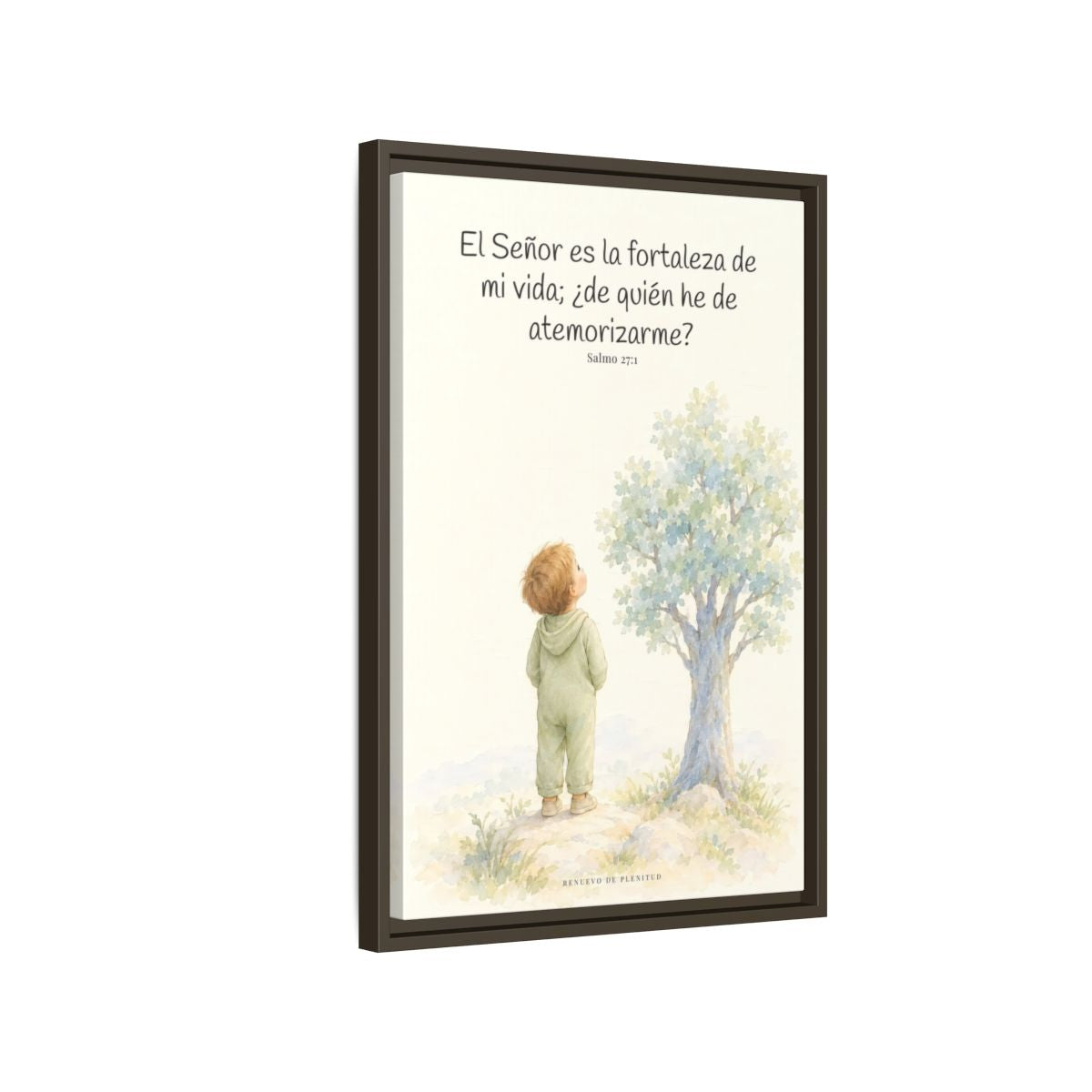 El Señor es la fortaleza de mi vida — Lienzo Cristiano Enmarcado | Salmo 27:1 — 16×24 pulgadas, marco espresso, vista lateral del marco flotante