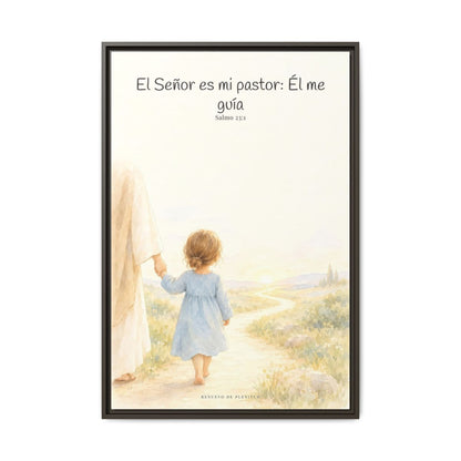 El Señor es mi pastor; Él me guía — Lienzo Cristiano Enmarcado | Salmo 23:1 — 24×36 pulgadas, marco espresso, vista frontal