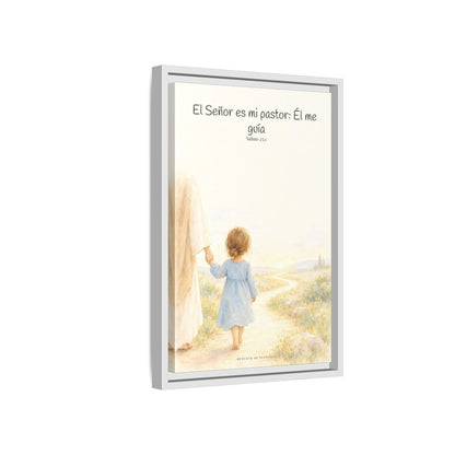 El Señor es mi pastor; Él me guía — Lienzo Cristiano Enmarcado | Salmo 23:1 — 12×18 pulgadas, marco blanco, vista lateral del marco flotante