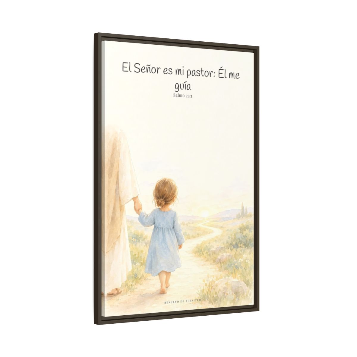 El Señor es mi pastor; Él me guía — Lienzo Cristiano Enmarcado | Salmo 23:1 — 24×36 pulgadas, marco espresso, vista lateral del marco flotante