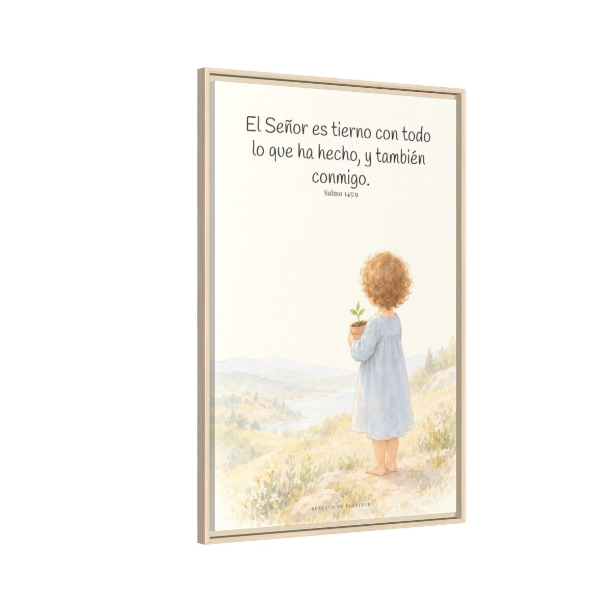 El Señor es tierno con todo lo que ha hecho | Cuadro de inspiración bíblica | Salmo 145:9 — 24×36 pulgadas, marco natural, vista lateral del marco flotante