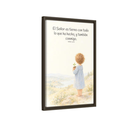 El Señor es tierno con todo lo que ha hecho | Cuadro de inspiración bíblica | Salmo 145:9 — 16×24 pulgadas, marco espresso, vista lateral del marco flotante