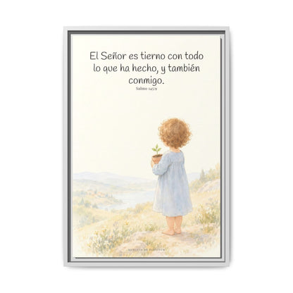 El Señor es tierno con todo lo que ha hecho | Cuadro de inspiración bíblica | Salmo 145:9 — 16×24 pulgadas, marco blanco, vista frontal