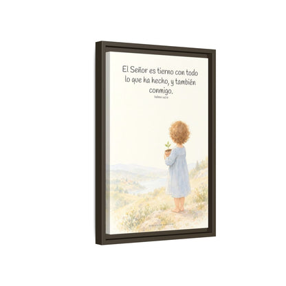El Señor es tierno con todo lo que ha hecho | Cuadro de inspiración bíblica | Salmo 145:9 — 12×18 pulgadas, marco espresso, vista lateral del marco flotante