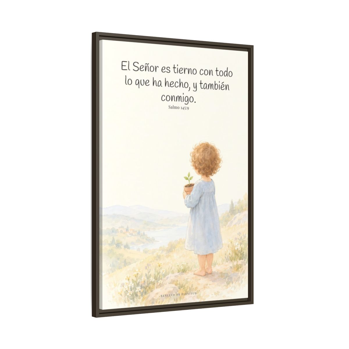 El Señor es tierno con todo lo que ha hecho | Cuadro de inspiración bíblica | Salmo 145:9 — 24×36 pulgadas, marco espresso, vista lateral del marco flotante