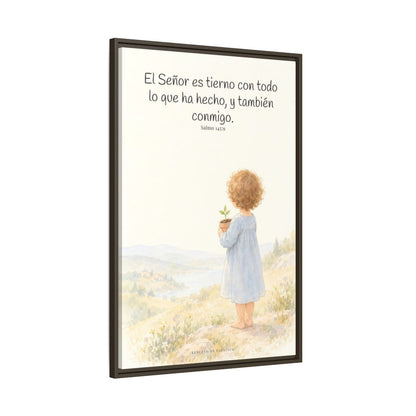 El Señor es tierno con todo lo que ha hecho | Cuadro de inspiración bíblica | Salmo 145:9 — 24×36 pulgadas, marco espresso, vista lateral del marco flotante
