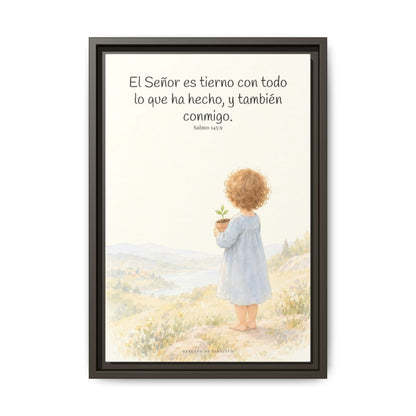 El Señor es tierno con todo lo que ha hecho | Cuadro de inspiración bíblica | Salmo 145:9 — 12×18 pulgadas, marco espresso, vista frontal