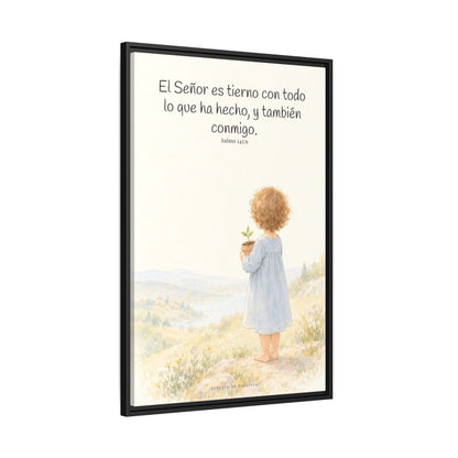 El Señor es tierno con todo lo que ha hecho | Cuadro de inspiración bíblica | Salmo 145:9 — 24×36 pulgadas, marco negro, vista lateral del marco flotante