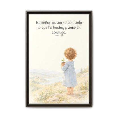 El Señor es tierno con todo lo que ha hecho | Cuadro de inspiración bíblica | Salmo 145:9 — 16×24 pulgadas, marco espresso, vista frontal