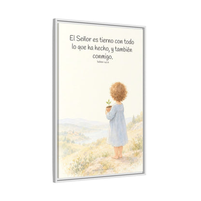 El Señor es tierno con todo lo que ha hecho | Cuadro de inspiración bíblica | Salmo 145:9 — 24×36 pulgadas, marco blanco, vista lateral del marco flotante