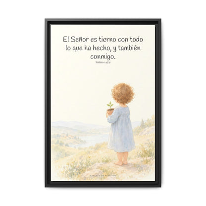 El Señor es tierno con todo lo que ha hecho | Cuadro de inspiración bíblica | Salmo 145:9 — 16×24 pulgadas, marco negro, vista frontal