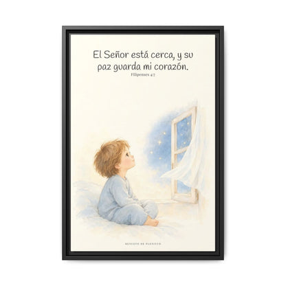 El Señor está cerca de mí | Lienzo bíblico para el hogar | Filipenses 4:7 — 16×24 pulgadas, marco negro, vista frontal