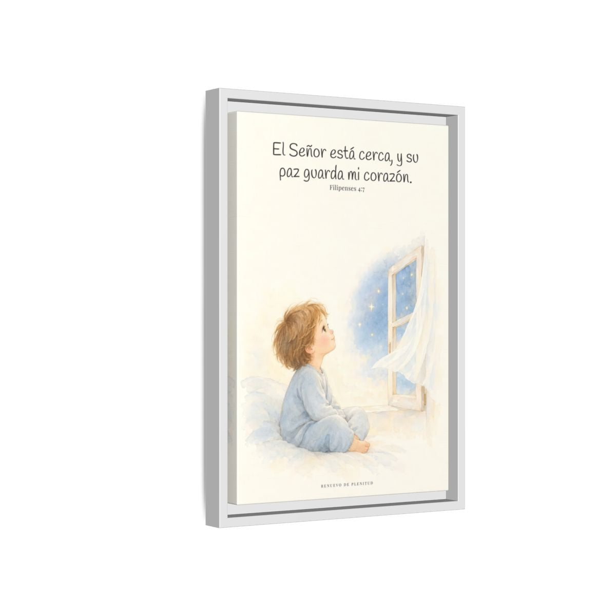 El Señor está cerca de mí | Lienzo bíblico para el hogar | Filipenses 4:7 — 12×18 pulgadas, marco blanco, vista lateral del marco flotante