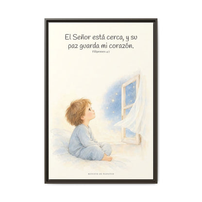 El Señor está cerca de mí | Lienzo bíblico para el hogar | Filipenses 4:7 — 24×36 pulgadas, marco espresso, vista frontal