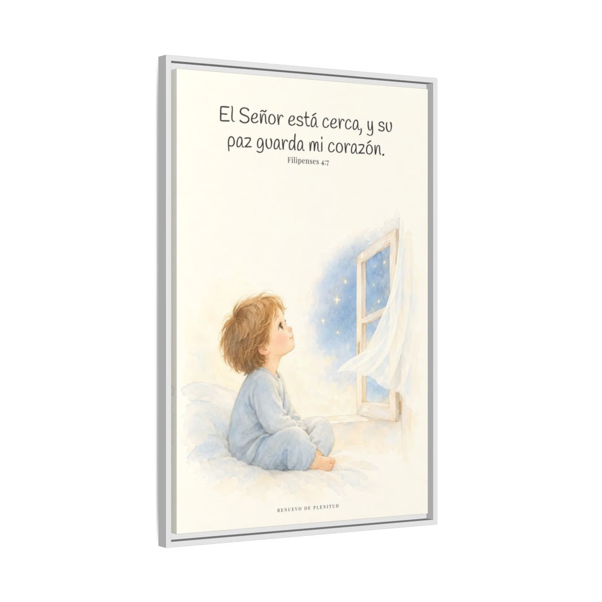 El Señor está cerca de mí | Lienzo bíblico para el hogar | Filipenses 4:7 — 24×36 pulgadas, marco blanco, vista lateral del marco flotante