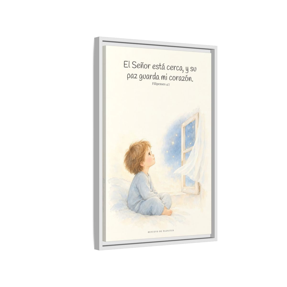 El Señor está cerca de mí | Lienzo bíblico para el hogar | Filipenses 4:7 — 16×24 pulgadas, marco blanco, vista lateral del marco flotante