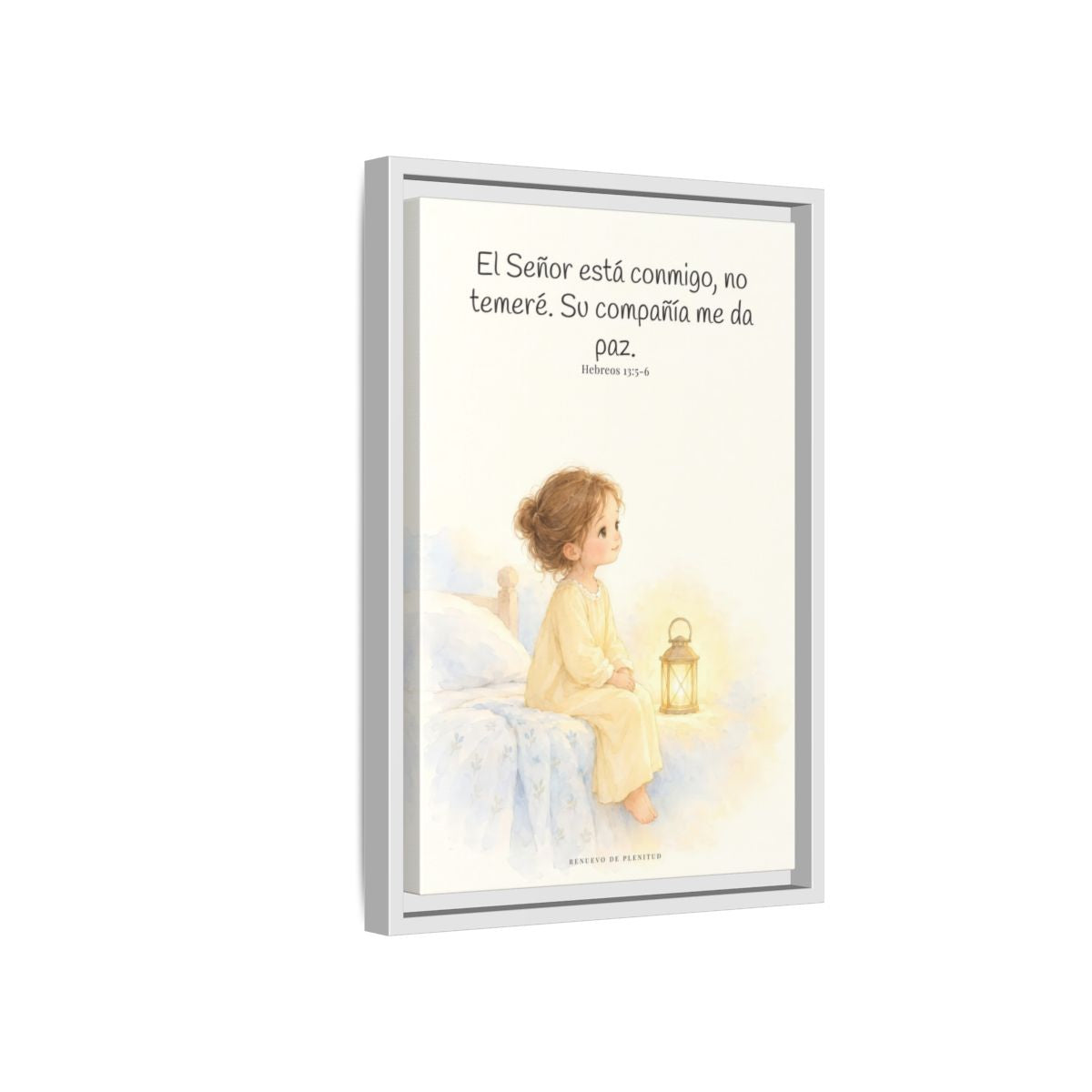 El Señor está conmigo, no temeré — Lienzo Cristiano Enmarcado | Hebreos 13:5-6 — 12×18 pulgadas, marco blanco, vista lateral del marco flotante