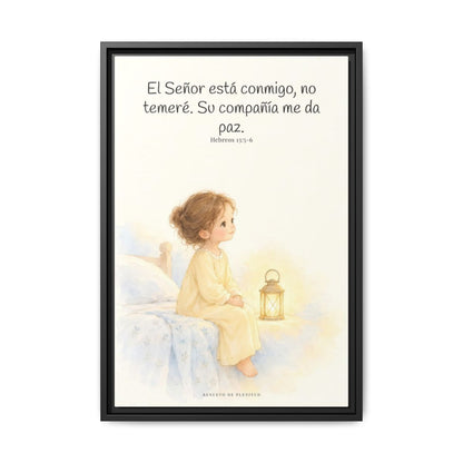 El Señor está conmigo, no temeré — Lienzo Cristiano Enmarcado | Hebreos 13:5-6 — 16×24 pulgadas, marco negro, vista frontal