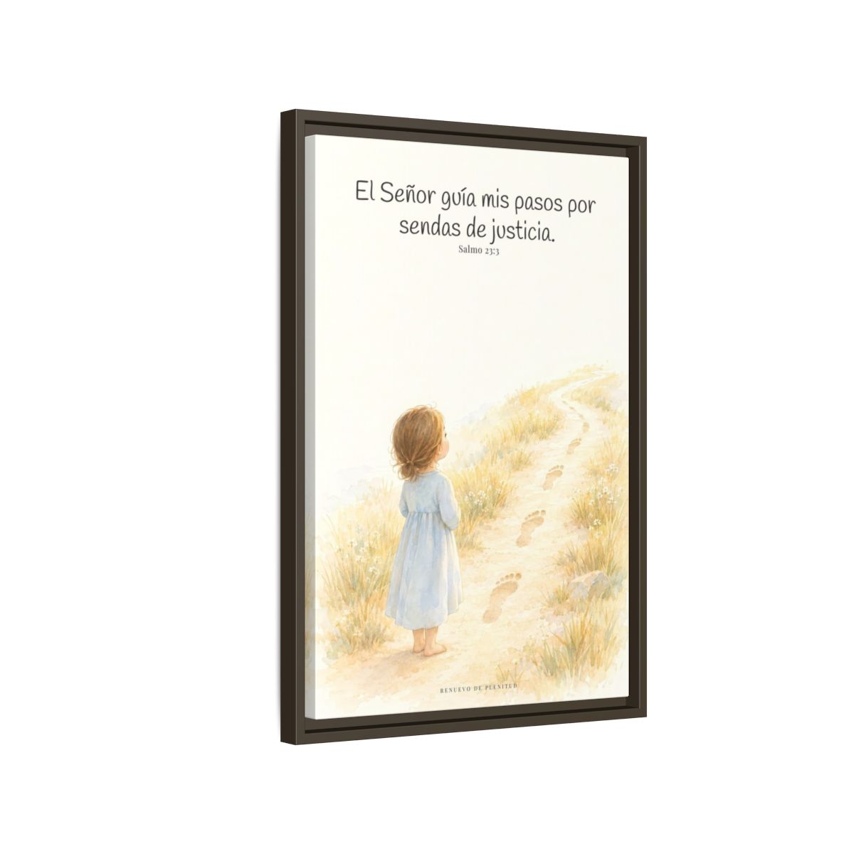 El Señor guía mis pasos — Lienzo Cristiano Enmarcado | Salmo 23:3 — 16×24 pulgadas, marco espresso, vista lateral del marco flotante
