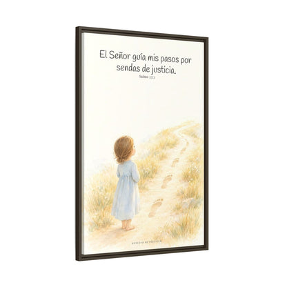 El Señor guía mis pasos — Lienzo Cristiano Enmarcado | Salmo 23:3 — 24×36 pulgadas, marco espresso, vista lateral del marco flotante