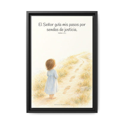 El Señor guía mis pasos — Lienzo Cristiano Enmarcado | Salmo 23:3 — 12×18 pulgadas, marco negro, vista frontal