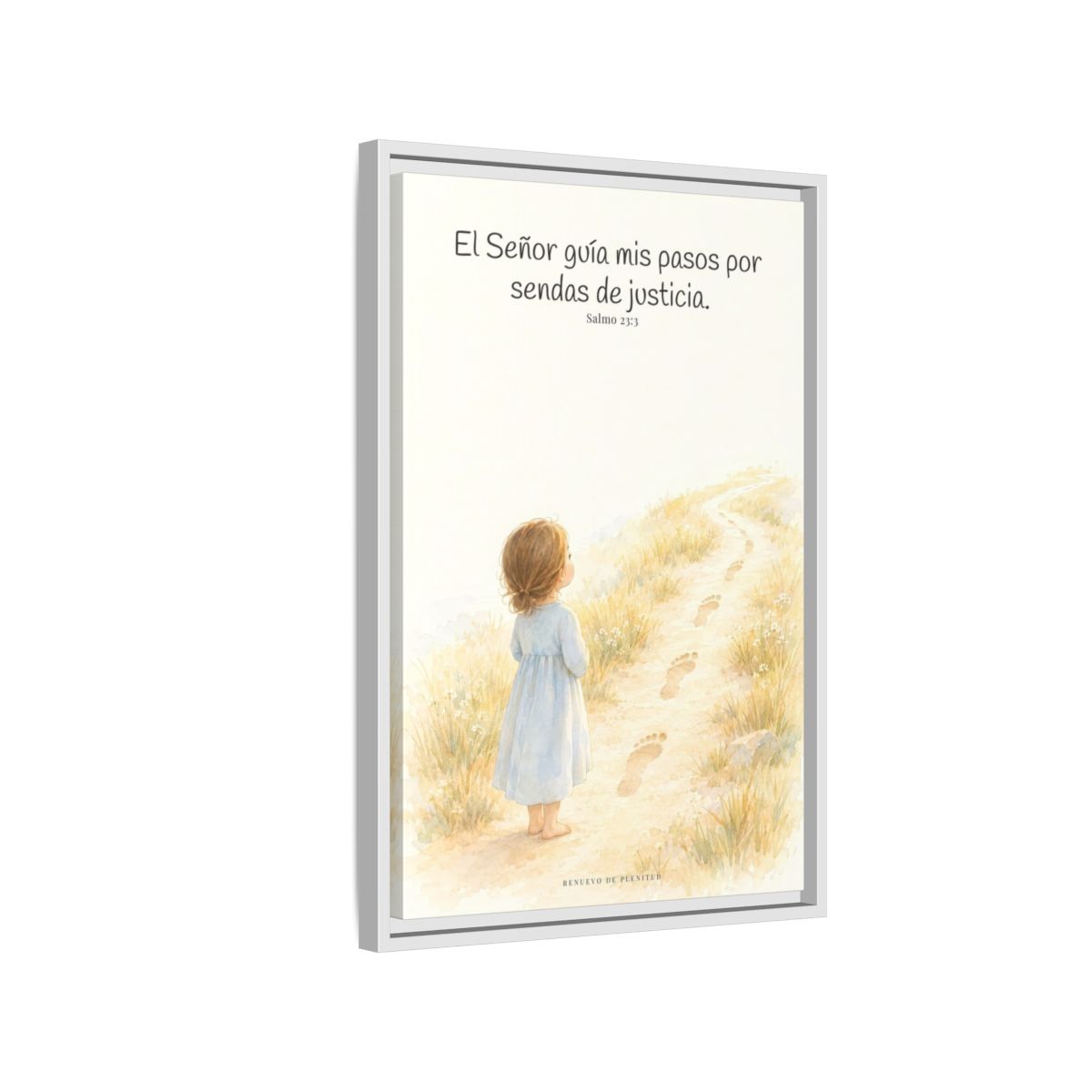 El Señor guía mis pasos — Lienzo Cristiano Enmarcado | Salmo 23:3 — 16×24 pulgadas, marco blanco, vista lateral del marco flotante