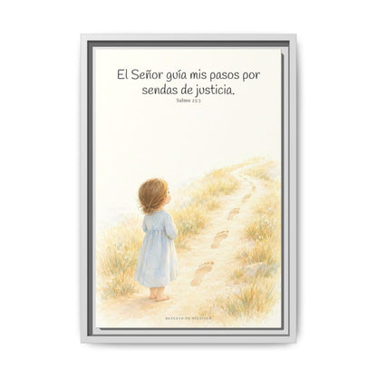 El Señor guía mis pasos — Lienzo Cristiano Enmarcado | Salmo 23:3 — 12×18 pulgadas, marco blanco, vista frontal