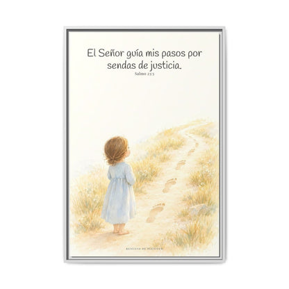El Señor guía mis pasos — Lienzo Cristiano Enmarcado | Salmo 23:3 — 24×36 pulgadas, marco blanco, vista frontal