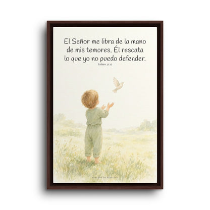 El Señor me libra de la mano de mis temores | Lienzo bíblico para el hogar | Salmo 31:15 — 16×24 pulgadas, marco espresso, vista frontal