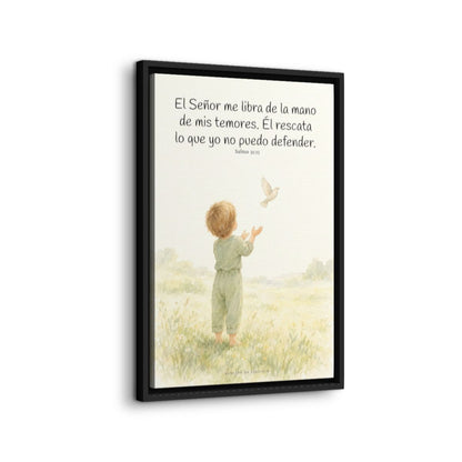 El Señor me libra de la mano de mis temores | Lienzo bíblico para el hogar | Salmo 31:15 — 16×24 pulgadas, marco negro, vista lateral del marco flotante