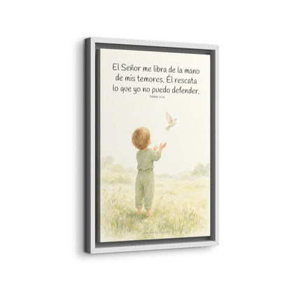 El Señor me libra de la mano de mis temores | Lienzo bíblico para el hogar | Salmo 31:15 — 12×18 pulgadas, marco blanco, vista lateral del marco flotante