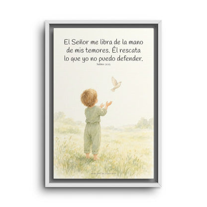El Señor me libra de la mano de mis temores | Lienzo bíblico para el hogar | Salmo 31:15 — 12×18 pulgadas, marco blanco, vista frontal