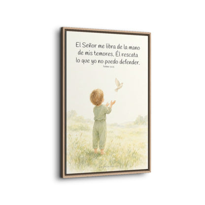 El Señor me libra de la mano de mis temores | Lienzo bíblico para el hogar | Salmo 31:15 — 24×36 pulgadas, marco natural, vista lateral del marco flotante