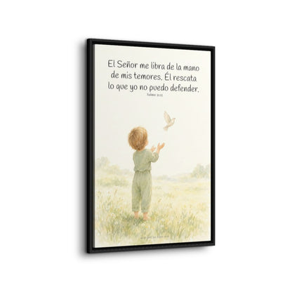 El Señor me libra de la mano de mis temores | Lienzo bíblico para el hogar | Salmo 31:15 — 24×36 pulgadas, marco negro, vista lateral del marco flotante