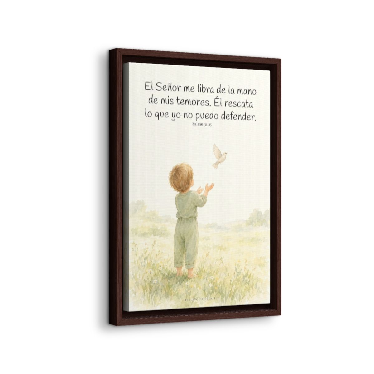 El Señor me libra de la mano de mis temores | Lienzo bíblico para el hogar | Salmo 31:15 — 12×18 pulgadas, marco espresso, vista lateral del marco flotante