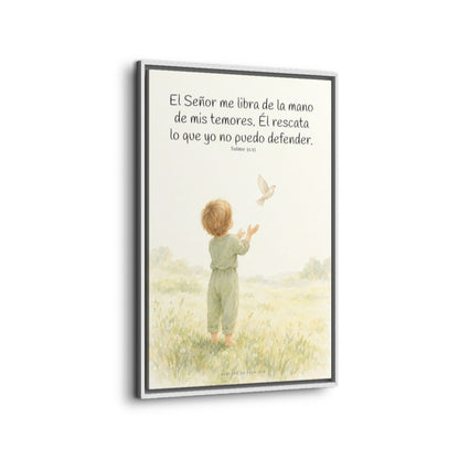 El Señor me libra de la mano de mis temores | Lienzo bíblico para el hogar | Salmo 31:15 — 24×36 pulgadas, marco blanco, vista lateral del marco flotante
