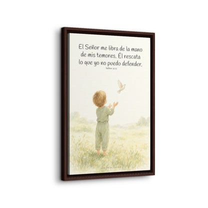 El Señor me libra de la mano de mis temores | Lienzo bíblico para el hogar | Salmo 31:15 — 16×24 pulgadas, marco espresso, vista lateral del marco flotante