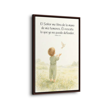 El Señor me libra de la mano de mis temores | Lienzo bíblico para el hogar | Salmo 31:15 — 24×36 pulgadas, marco espresso, vista lateral del marco flotante