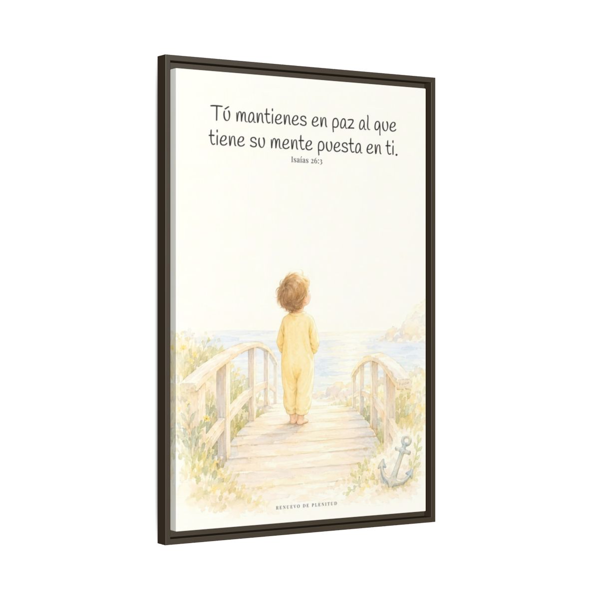 El Señor me sostiene en pensamiento firme — Lienzo Cristiano Enmarcado | Isaías 26:3 — 24×36 pulgadas, marco espresso, vista lateral del marco flotante