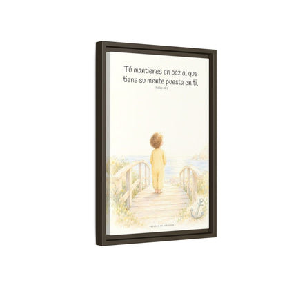El Señor me sostiene en pensamiento firme — Lienzo Cristiano Enmarcado | Isaías 26:3 — 12×18 pulgadas, marco espresso, vista lateral del marco flotante