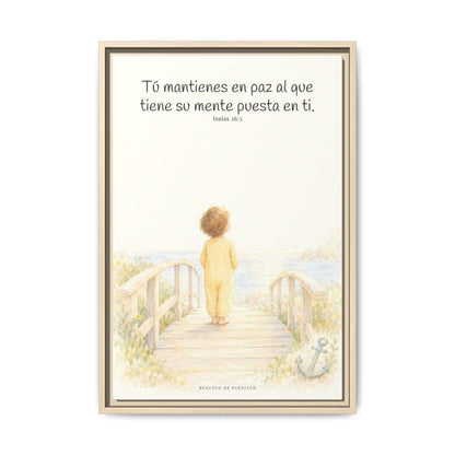 El Señor me sostiene en pensamiento firme — Lienzo Cristiano Enmarcado | Isaías 26:3 — 16×24 pulgadas, marco natural, vista frontal