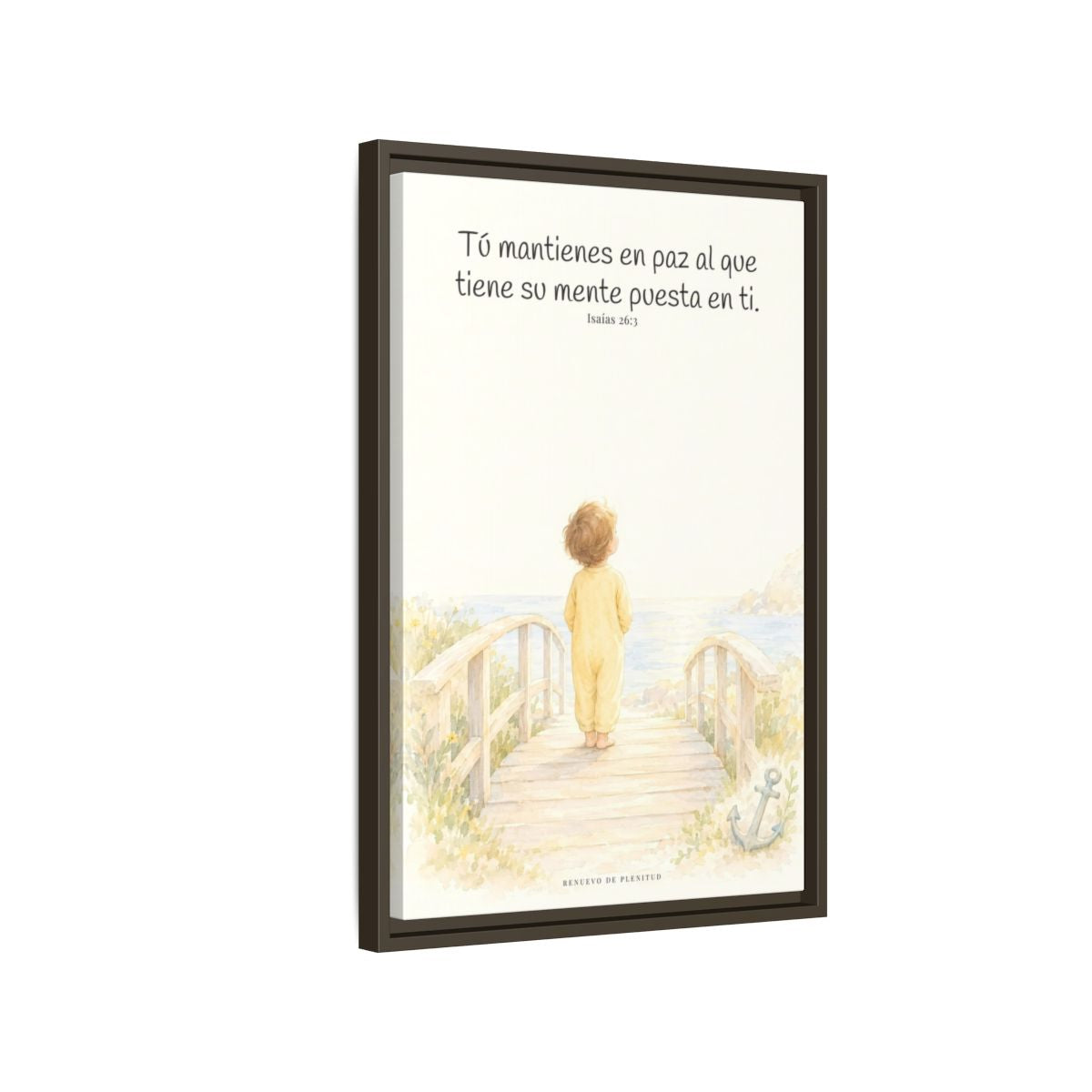 El Señor me sostiene en pensamiento firme — Lienzo Cristiano Enmarcado | Isaías 26:3 — 16×24 pulgadas, marco espresso, vista lateral del marco flotante