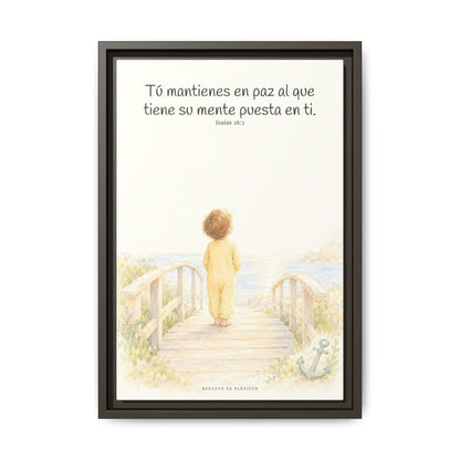 El Señor me sostiene en pensamiento firme — Lienzo Cristiano Enmarcado | Isaías 26:3 — 12×18 pulgadas, marco espresso, vista frontal