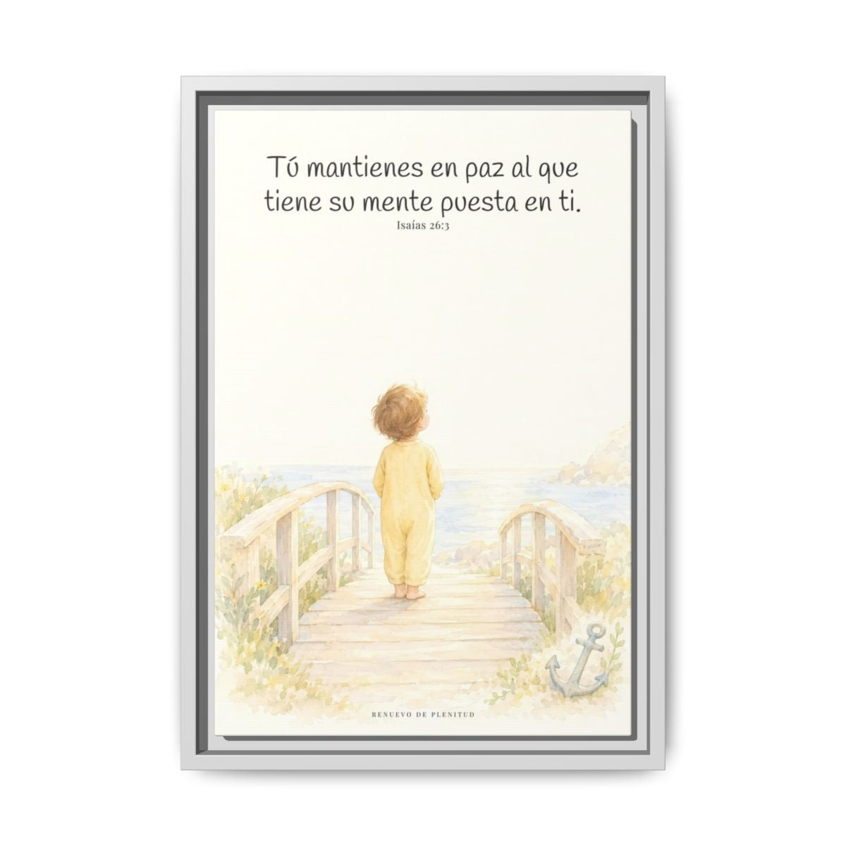 El Señor me sostiene en pensamiento firme — Lienzo Cristiano Enmarcado | Isaías 26:3 — 12×18 pulgadas, marco blanco, vista frontal