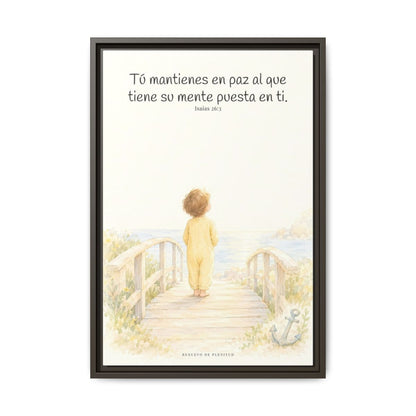 El Señor me sostiene en pensamiento firme — Lienzo Cristiano Enmarcado | Isaías 26:3 — 16×24 pulgadas, marco espresso, vista frontal