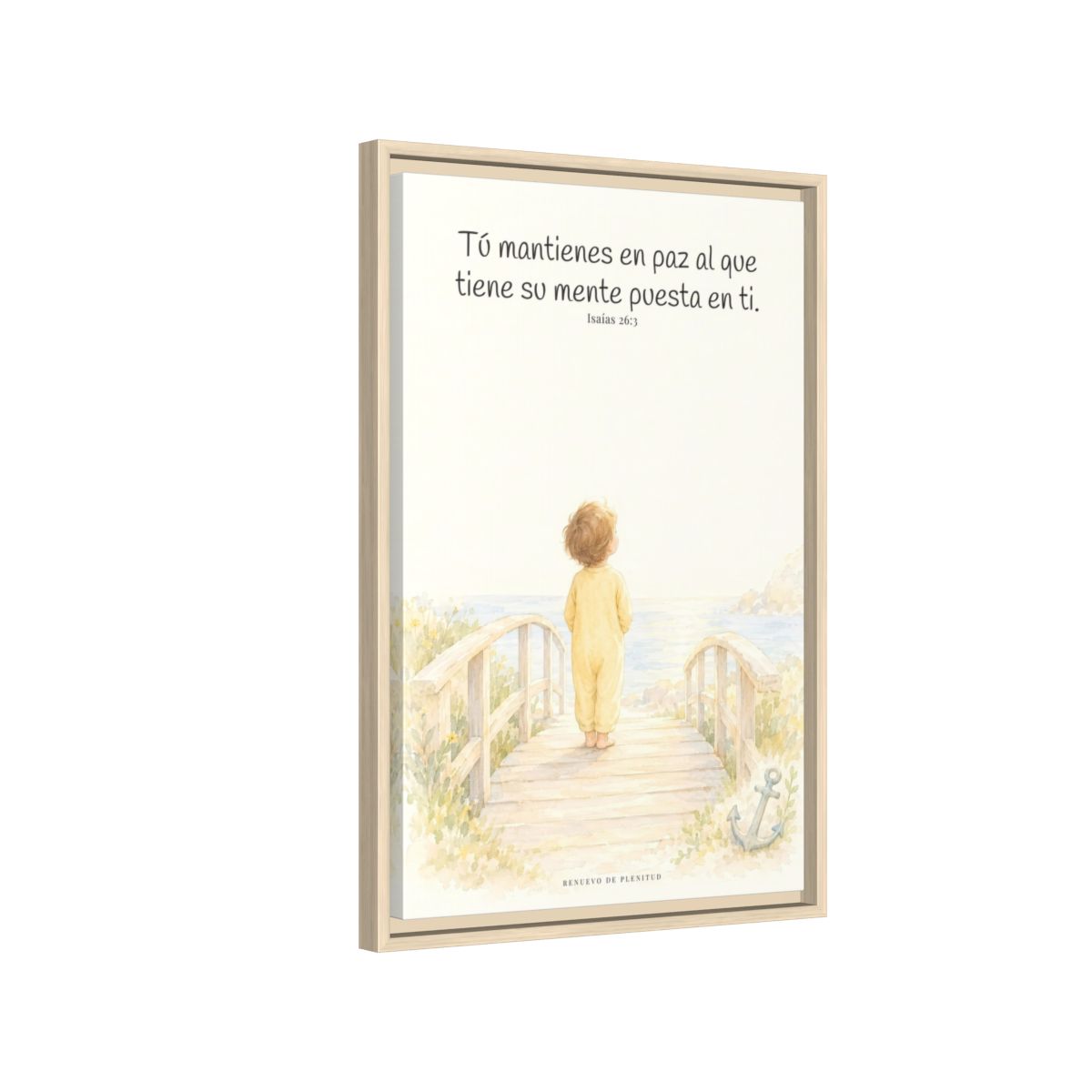El Señor me sostiene en pensamiento firme — Lienzo Cristiano Enmarcado | Isaías 26:3 — 16×24 pulgadas, marco natural, vista lateral del marco flotante