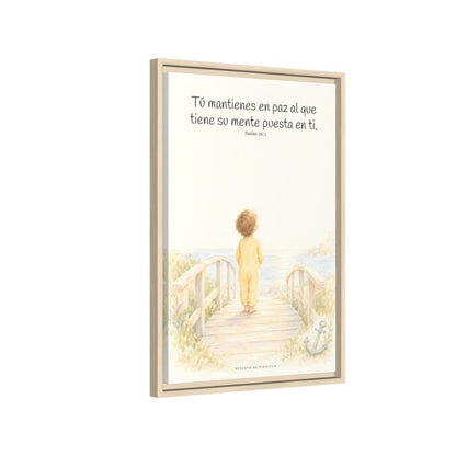 El Señor me sostiene en pensamiento firme — Lienzo Cristiano Enmarcado | Isaías 26:3 — 16×24 pulgadas, marco natural, vista lateral del marco flotante