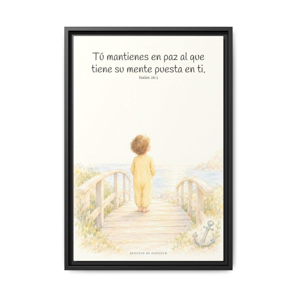 El Señor me sostiene en pensamiento firme — Lienzo Cristiano Enmarcado | Isaías 26:3 — 16×24 pulgadas, marco negro, vista frontal