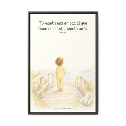 El Señor me sostiene en pensamiento firme — Lienzo Cristiano Enmarcado | Isaías 26:3 — 24×36 pulgadas, marco espresso, vista frontal