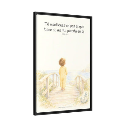El Señor me sostiene en pensamiento firme — Lienzo Cristiano Enmarcado | Isaías 26:3 — 24×36 pulgadas, marco negro, vista lateral del marco flotante